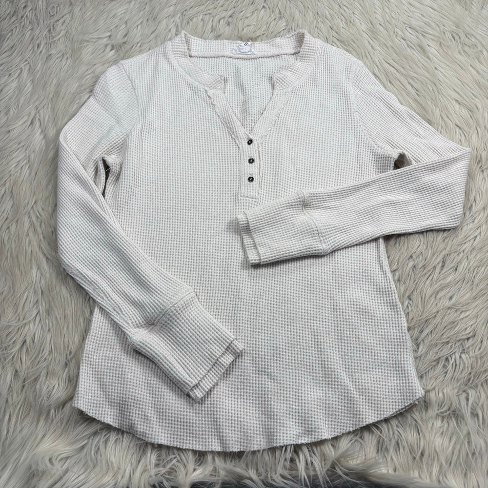 Tribal Jeans Women's S Off White Waffle Knit Henley Thermal Top Boho Cabincore